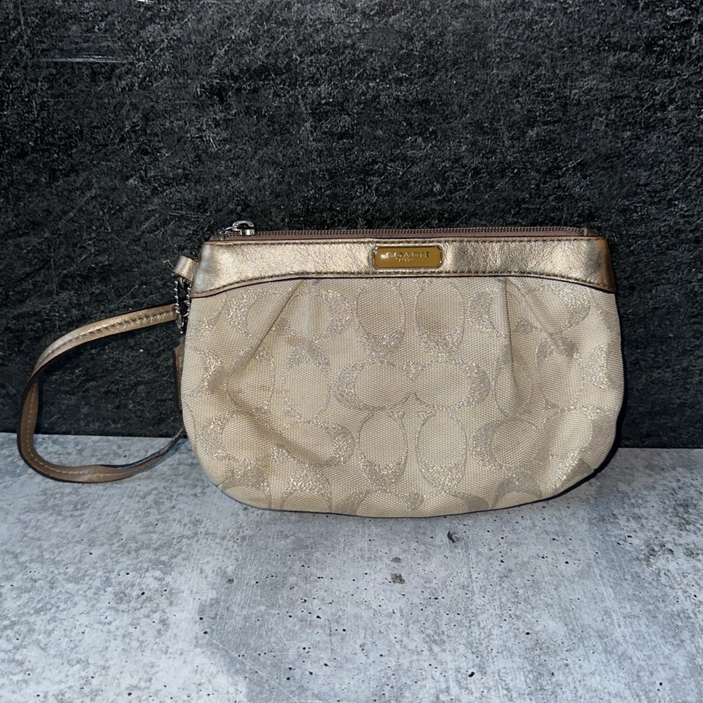 COACH Signature Metallic Khaki Gold Pleated Leather Top Zip Wristlet Bag Logo